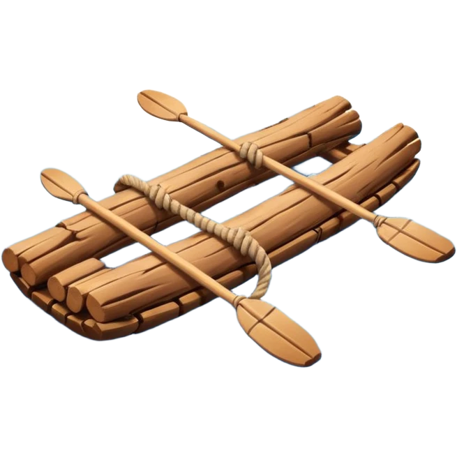 showing a simple wooden raft floating on calm blue water — made of several brown logs tied together with rope — gentle ripples around it — bright, cheerful lighting and soft shadows — minimalist, clean emoji design emoji
