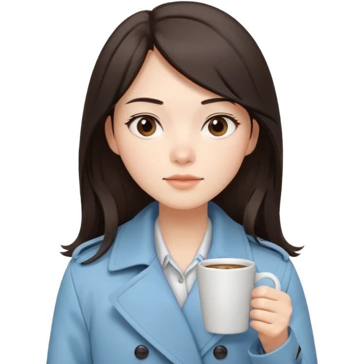 Mei – Cewe Kalem Kulit putih halus, rambut coklat gelap panjang lurus rapi, belah samping. Pakai trench biru muda sambil cangkir kopi, ekspresi tenang emoji