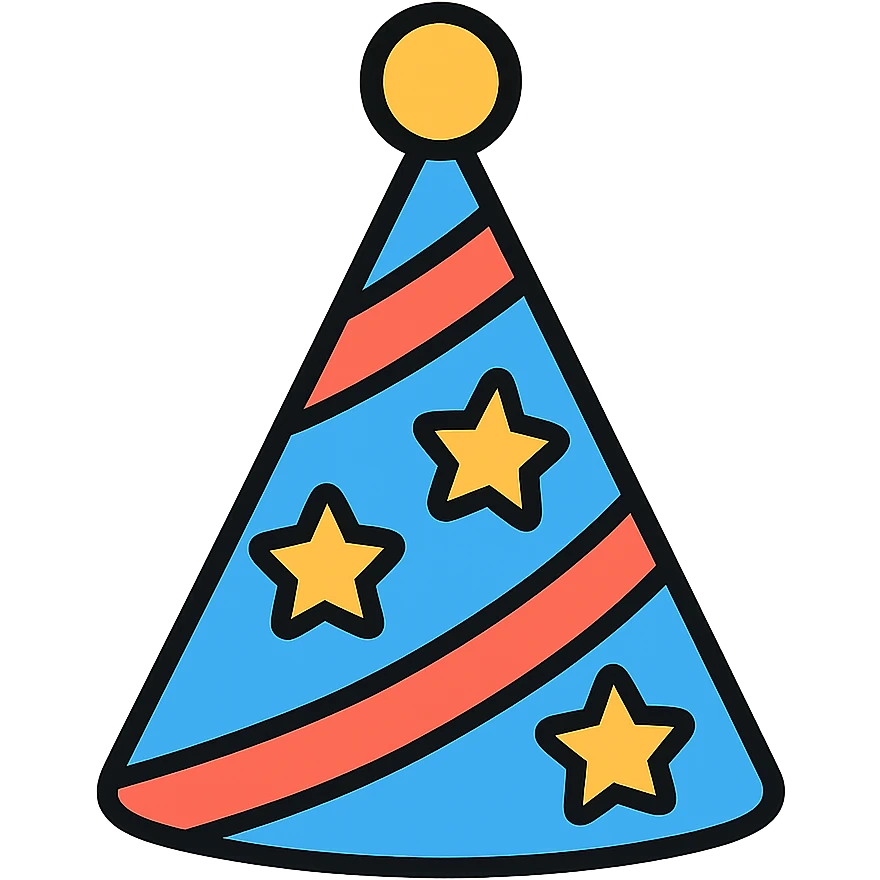 A colorful birthday party hat with stars and stripes pattern emoji