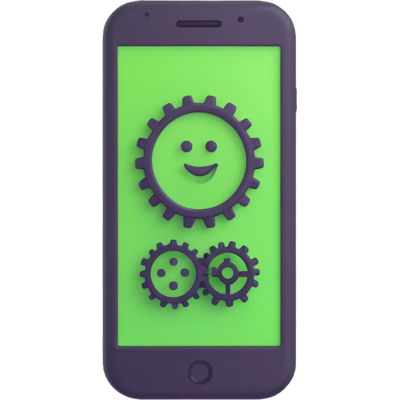 3D Emoji style icon for application testing setup, displaying a smartphone, gears, and a green checkmark emoji