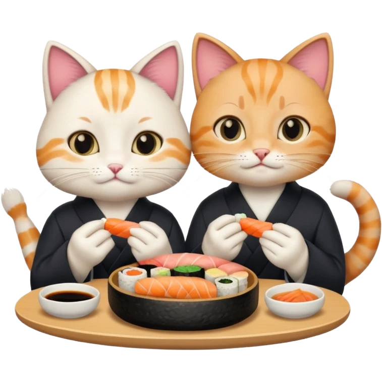 cute girl cat and a cute boy cat eating sushi together emoji