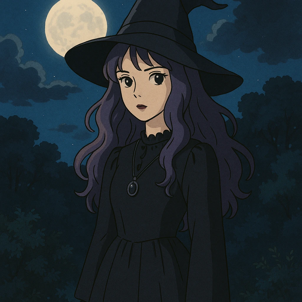 gothic woman with purple hair, witchy touch, standing in moonlight, ghibli style emoji