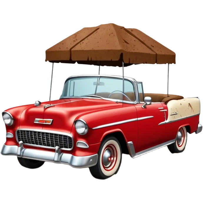 1955 Chevrolet Bel Air Convertible, Red-White color, with a bucket of brown mud pouring down on it, and the car itself is covered in brown mud on the sides that has stuck. 32x32 pixels, aspect ratio: 1:1 emoji