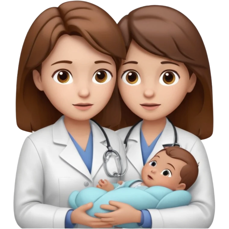 Show a nurse in a white coat, attending to a baby, with a light expression and soft detail typical of modern emojis. The scene should have a clean look, with subtle shadows and soft contours, brown hair, maintaining the 3D cartoon style used in iOS emojis.  emoji
