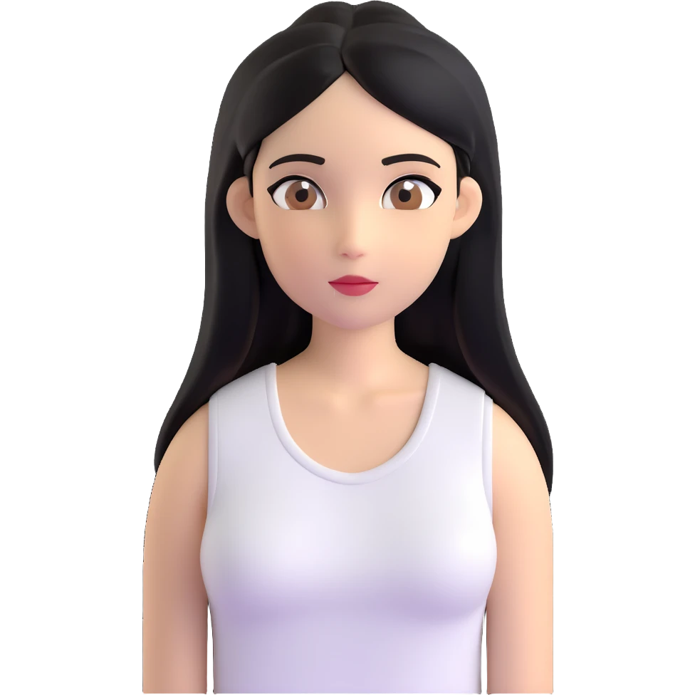 Female with straight long black hair parted in middle, beige skin, big brown eyes, natural makeup, white sleeveless top emoji