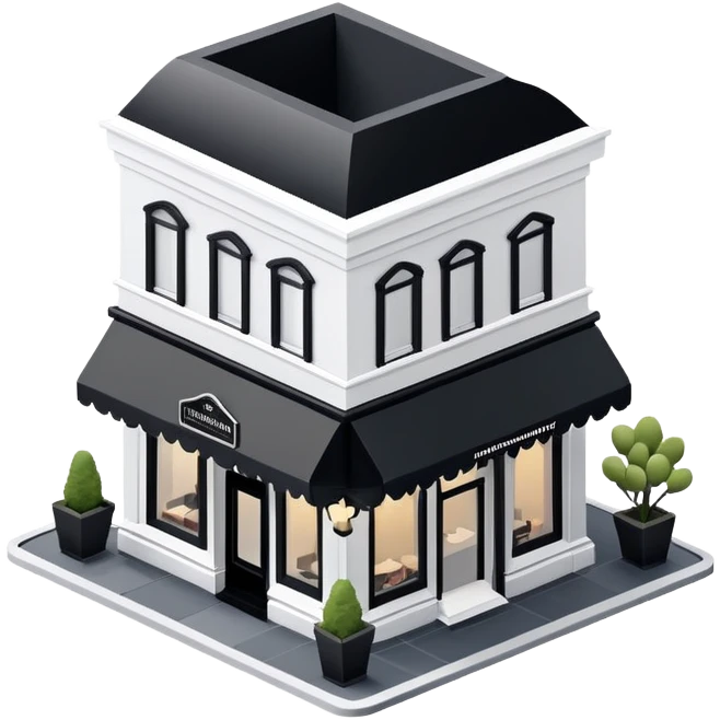 Isometric exterior little black and white fancy modern steakhouse restaurant dollhouse style 3D realistic  emoji