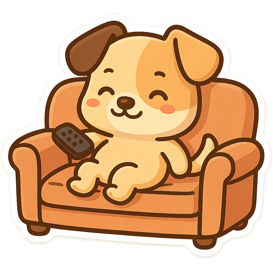 a cartoon dog with a remote, lounging on a sofa, fun and friendly style, cute and playful emoji