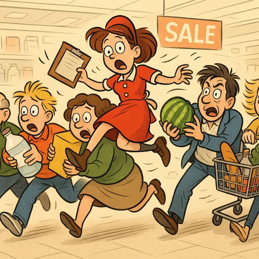 a comical scene where a crowd of supermarket shoppers runs from left to right, carrying off the salesgirl in a chaotic and exaggerated manner emoji