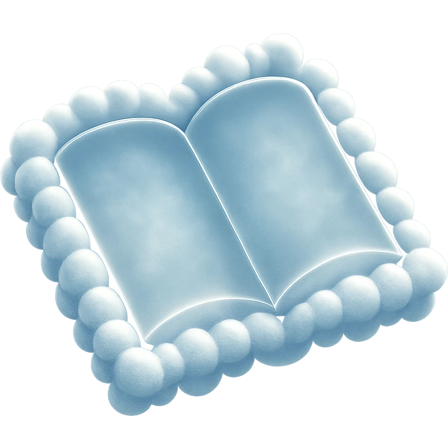 top view of a thick open book made entirely of small, very bright white fluffy convex clouds, matte glass style emoji