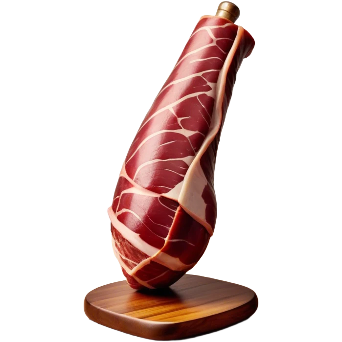 ​Cinematic Realistic Spanish Jamón Leg, depicted as a massive, cured leg of Jamón serrano with a deep reddish-brown hue, intricately marbled and slightly glossy with age, elegantly displayed on a rustic wooden stand and bathed in warm, soft lighting that accentuates its artisanal heritage, emoji