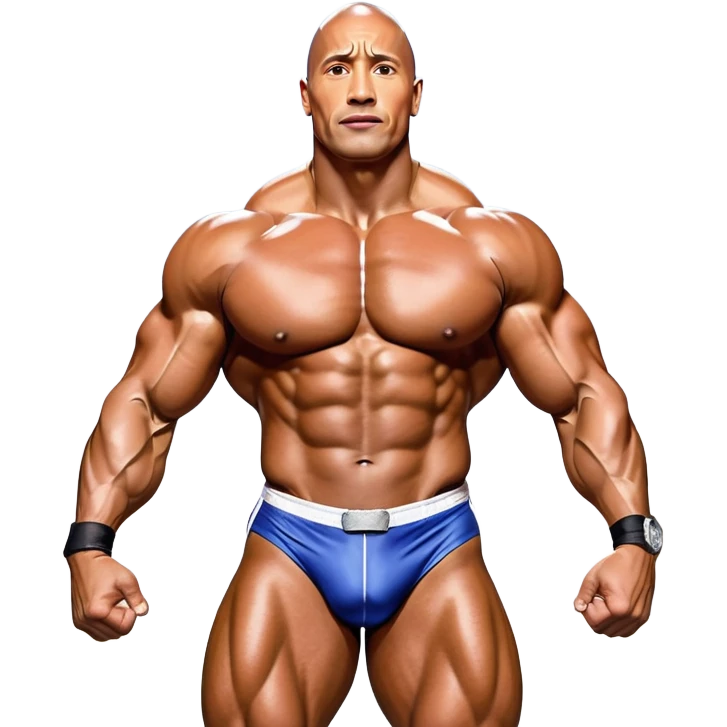 Dwayne 'The Rock' Johnson on stage at the Mr. Universe bodybuilding competition, covered in oil, flexing his powerful muscles. His physique shines under bright stage lights, showcasing his strength and dedication. The audience and judges are blurred in the background. Transparent background. emoji