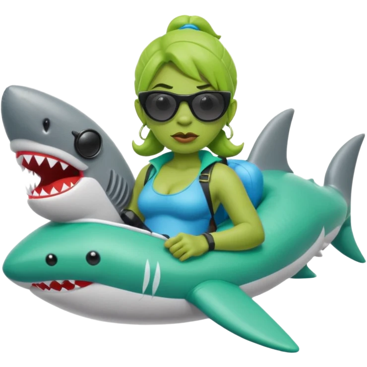 orc female sitting in an inflatable floatie shaped like a shark, wearing oversized sunglasses and a whistle on a neck cord emoji