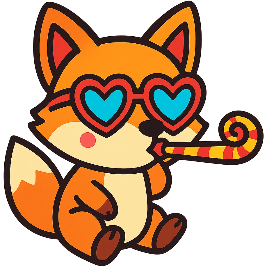 baby fox with heart glasses blowing party horn in vibrant-toon style emoji