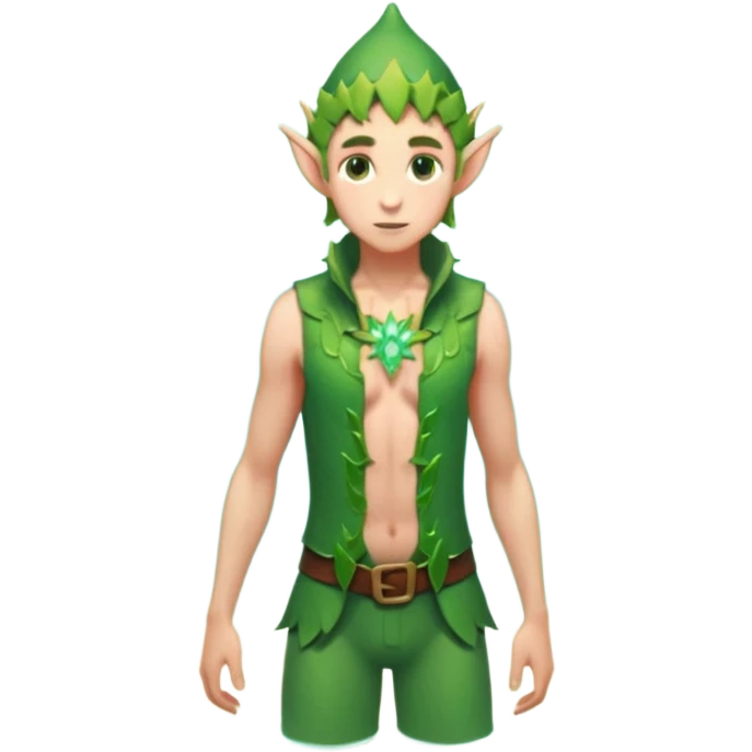 elf male wading in shallow tide pool, palm emitting soft green light to heal glowing coral, practical open vest over bare chest, determined gaze, pointy ears, vibrant underwater plants, centered emoji, nature guardian summer emoji