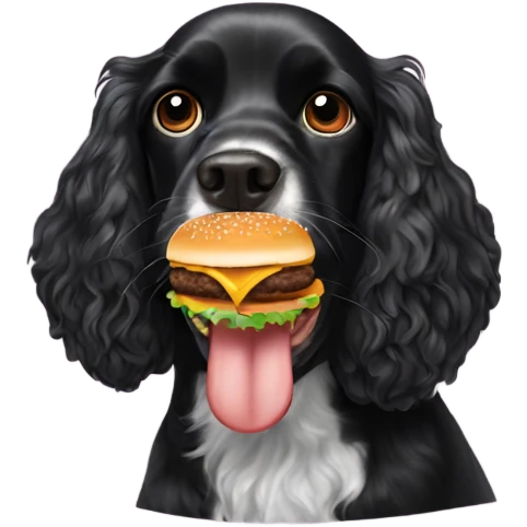 Black cocker spaniel eating a cheeseburger emoji
