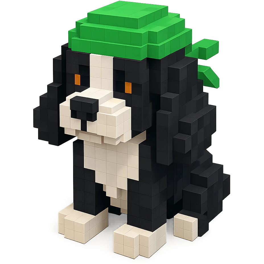 A black and white Russian Cocker Spaniel puppy wearing a green durag, voxel style, sitting emoji