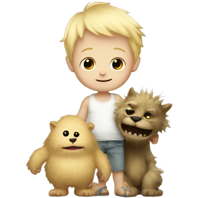 Little blonde baby boy holding the hand a giant furry monster emoji