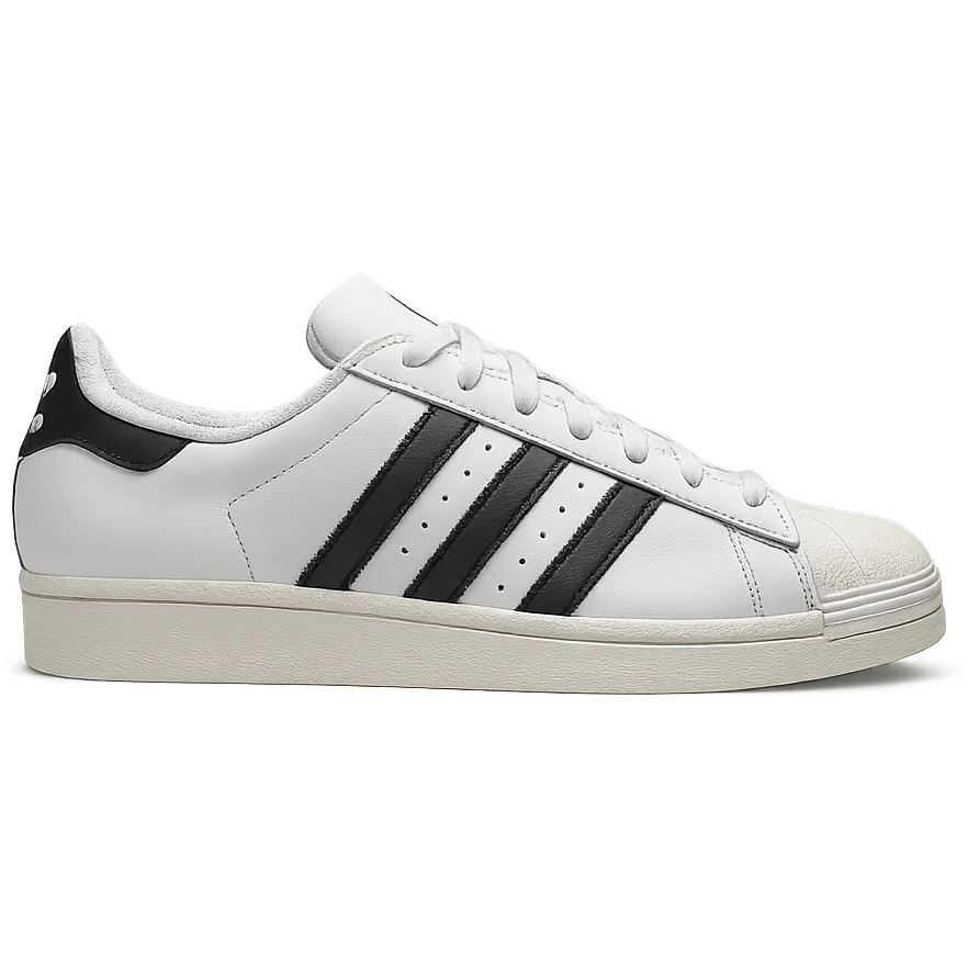 Adidas Superstar sneaker, white with black stripes, side view, minimal background emoji