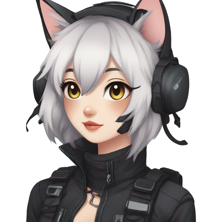 Gorgeous dark techwear anime style anthro cat with blushing face aesthetic and pretty edgy black with collar and harness trending style emoji