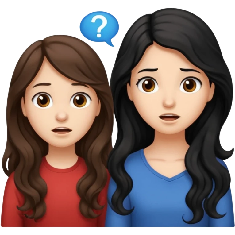 

 
Two girls are talking; one girl who have a ling wayv brown hair looks confused with question , while the other girl with long black hair explains something.  emoji