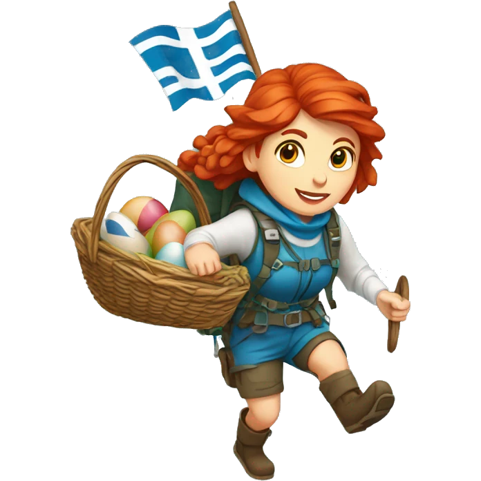 red hair female winter mountaineer climbing with Easter eggsbasket and Greek flag emoji