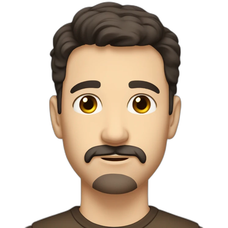 A young Caucasian man with dark brown, almond-shaped eyes, short dark brown hair, and a small dark brown beard with a more prominent mustache. emoji