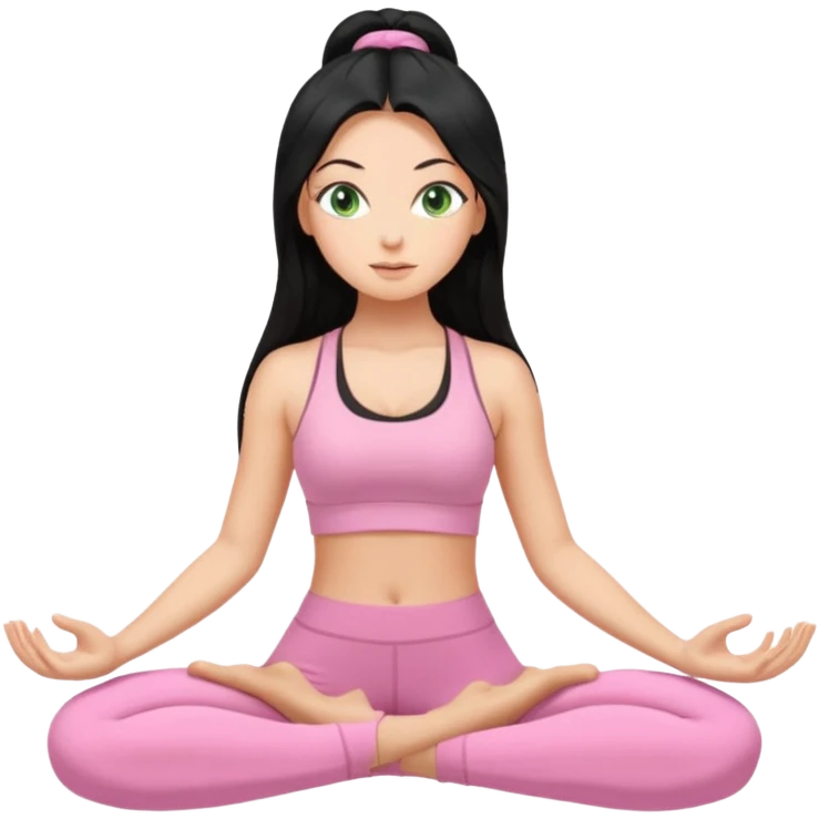 Tan Girl with super long black hair with light green eyes doing yoga with light pink clothes emoji