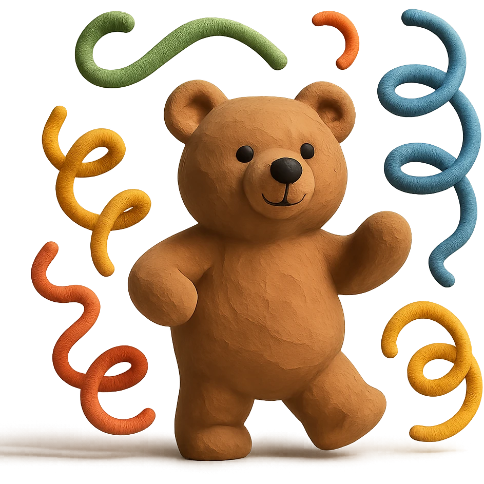 bear with swirly streamers around in claymation style emoji