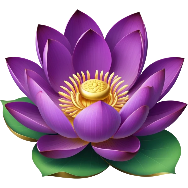 Elegant purple lotus flower with rich violet petals and golden center, accompanied by botanically accurate lotus leaf with distinctive notch and upturned edges emoji