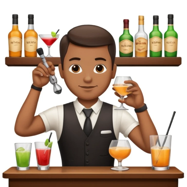 bartender mixing drinks, club backgroudn with bottles emoji