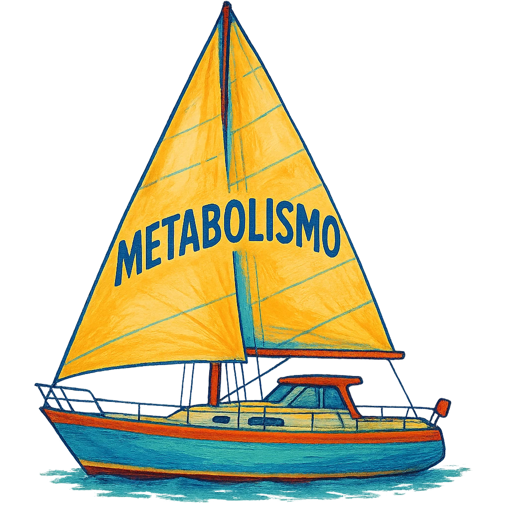 modern sailboat on isolated white background with the word 'Metabolismo' written large on the sail, illustrative style, vibrant colors, 4K resolution emoji