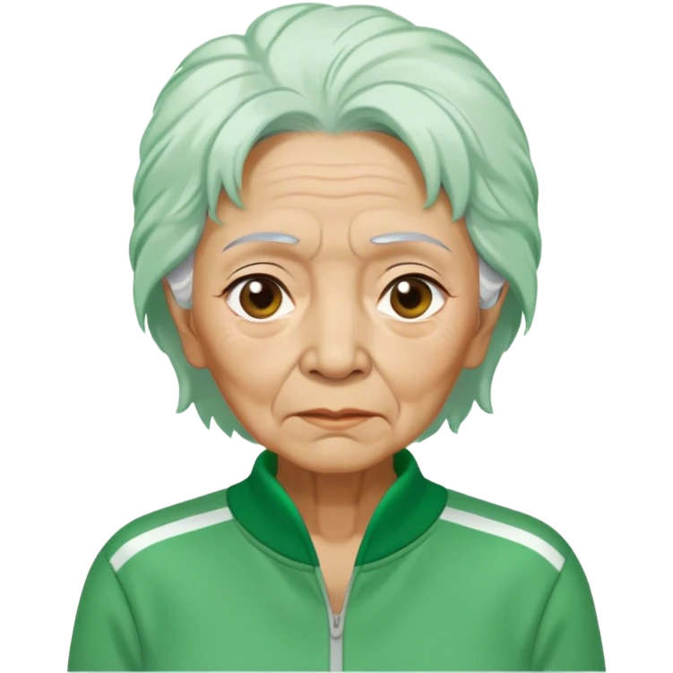Hong is an old woman, around 60 years old, green tracksuit.  Her white tie hair, is unkempt and damp with sweat. emoji