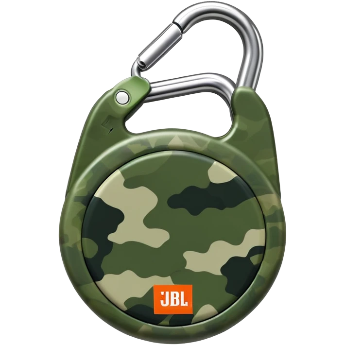 Minimal JBL Clip 4 with proper circular form, carabiner clip, green camouflage, and JBL branding visible, iOS emoji style emoji