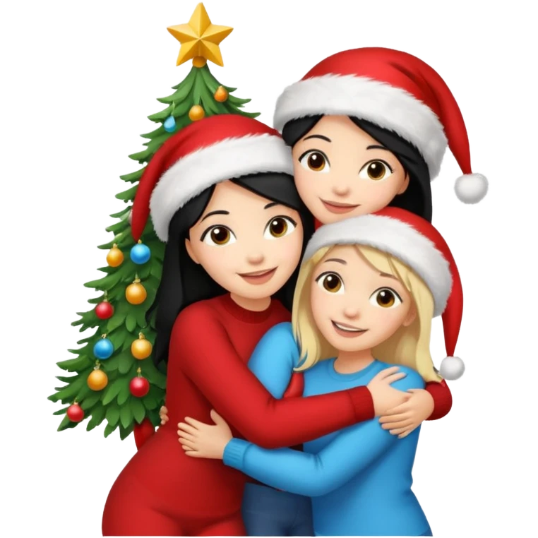 Generate Christmas-style emojis  family. Where light-skinned people stand near the tree all together, hugging and smiling. 2 girl should be Light-haired woman, 1 woman black-haired woman, and 1 man  emoji