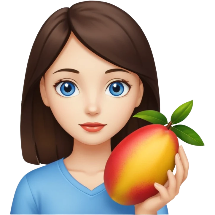 A brunette girl with blue eyes holding a mango emoji