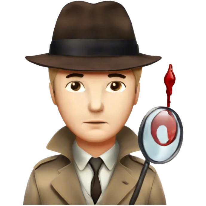 Icon for Detective Movie: A vintage movie poster-style design featuring a close-up of a detective. The scene includes faint traces of blood on the asphalt, hinting at a murder. Retro cinematic typography. Transparent background. emoji