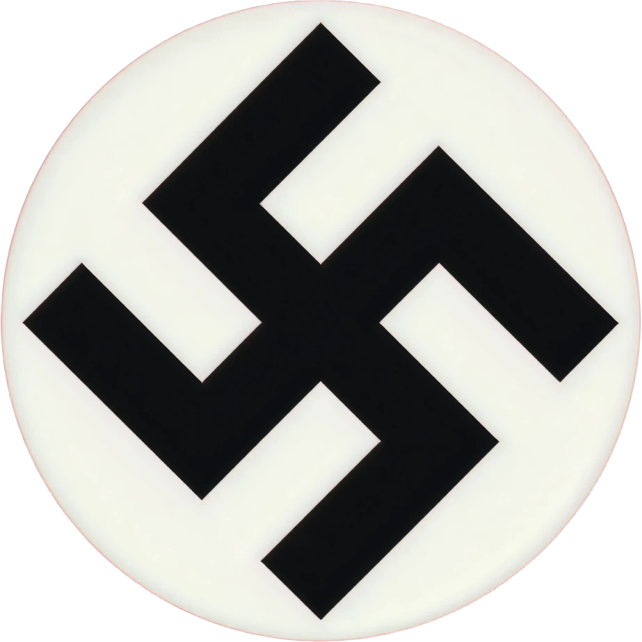 A solid red background, with a large white circle centered on the flag. Inside the circle is a black swastika rotated 45 degrees (diagonally), with its arms bent at right angles. emoji