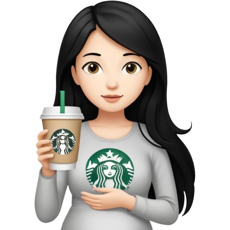 A young girl with long black hair, reaching up to her belly, holds a cup of Starbucks coffee.
 emoji