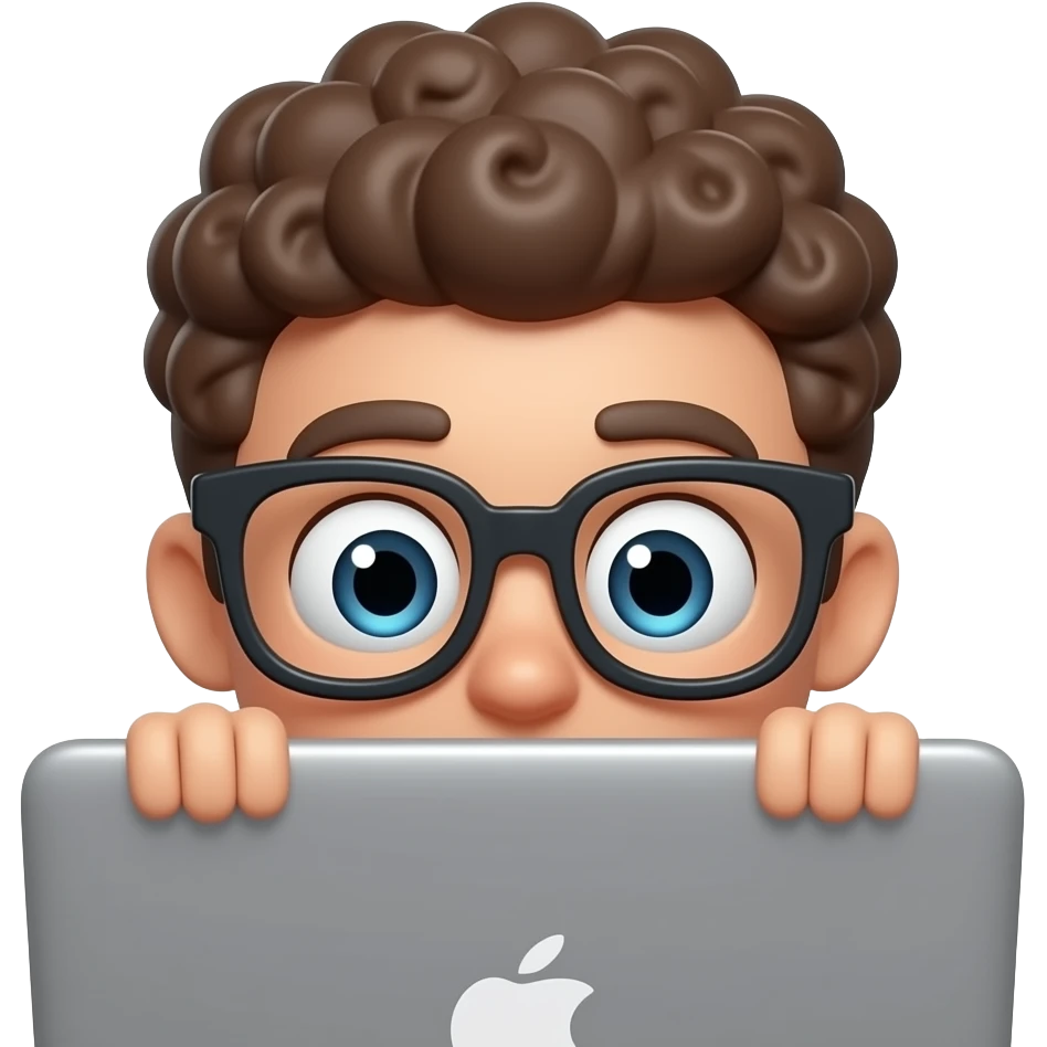 3D emoji-style male character with curly hair and big glasses, eyes wide, peeking over a laptop, emoji