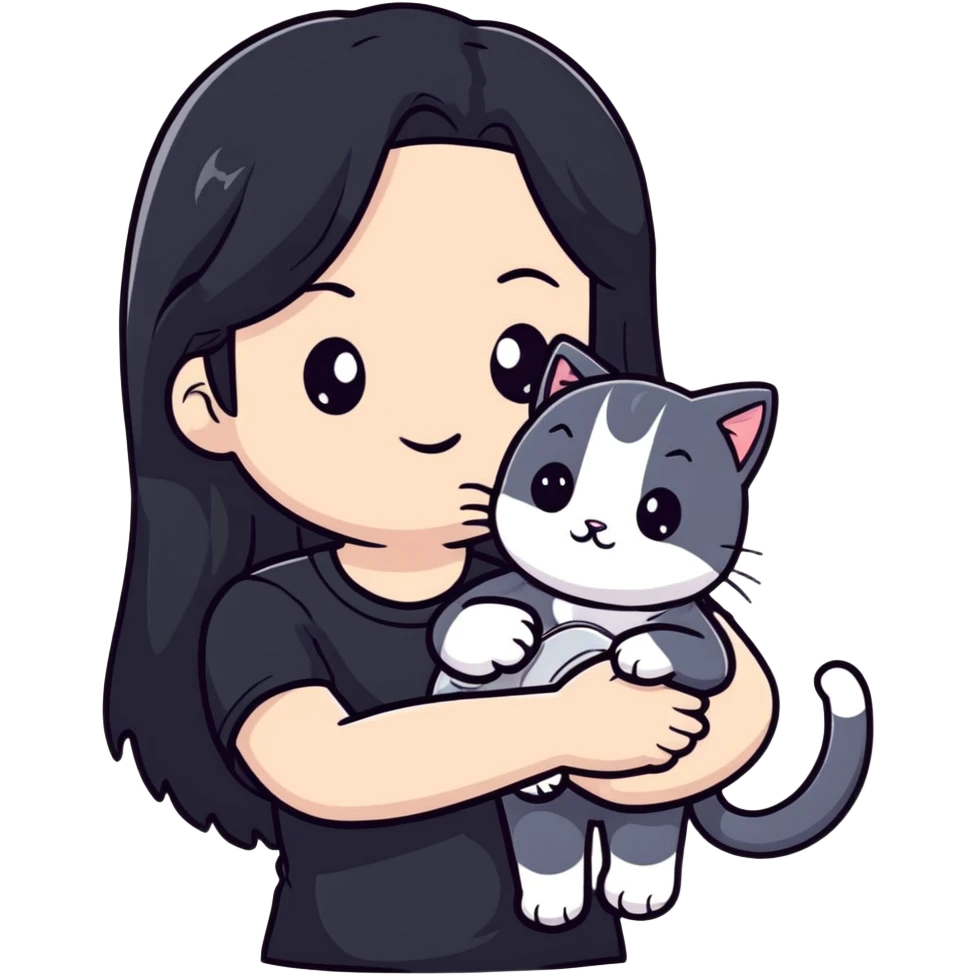 beautiful girl with long black hair wearing a black shirt holding a silver-colored cat emoji