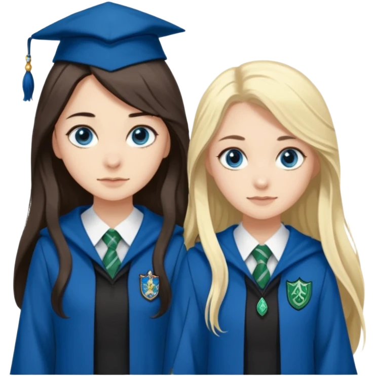 a pretty ravenclaw girl with long dark brown hair and blue eyes standing with a pretty Slytherin girl with long blonde hair, blue eyes emoji