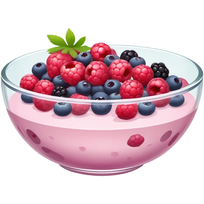 A clear glass bowl filled with milky light pink liquid with chunks of various berries floating in it emoji