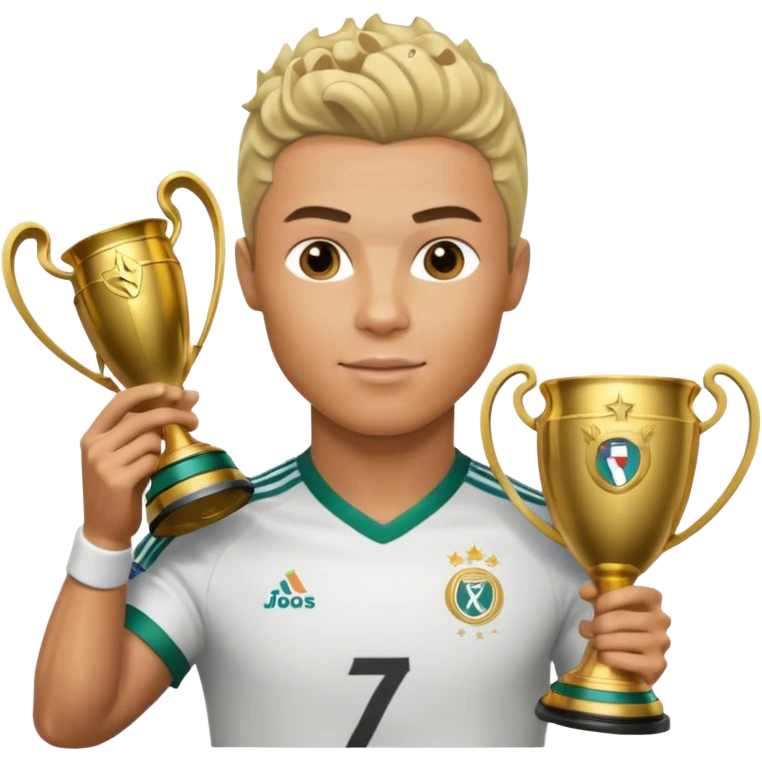 Cristiano Ronaldo holfing the champions league with noodle hair a bit longer noodle hair with a bit of blonde highlights and tge hair xoming down a bit emoji