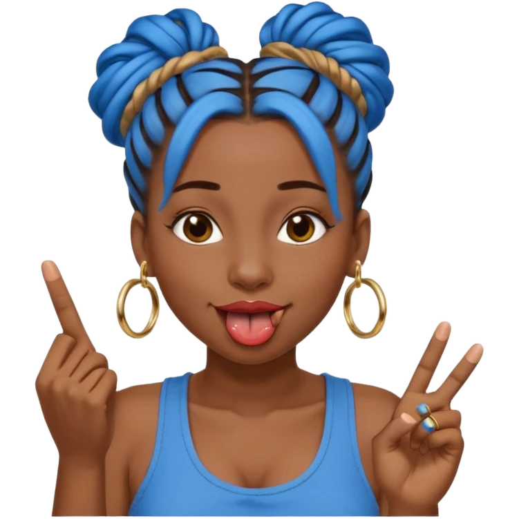 brown girl with blue locs in a bun with tongue out giving middle finger emoji