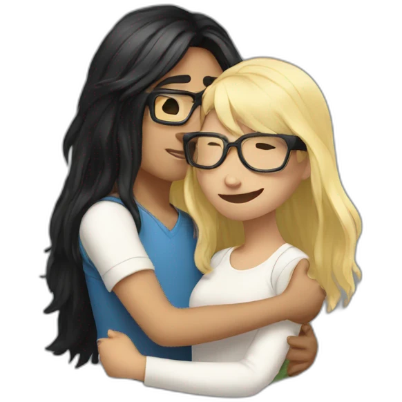 boy with blonde hair and glasses hugging girl with long black hair and glasses emoji