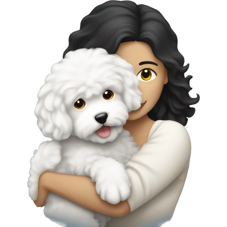 a long black-haired white woman hugging her bichon puppy emoji