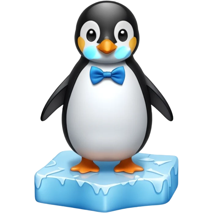 penguin, blue bow tie, standing on small ice melting block emoji