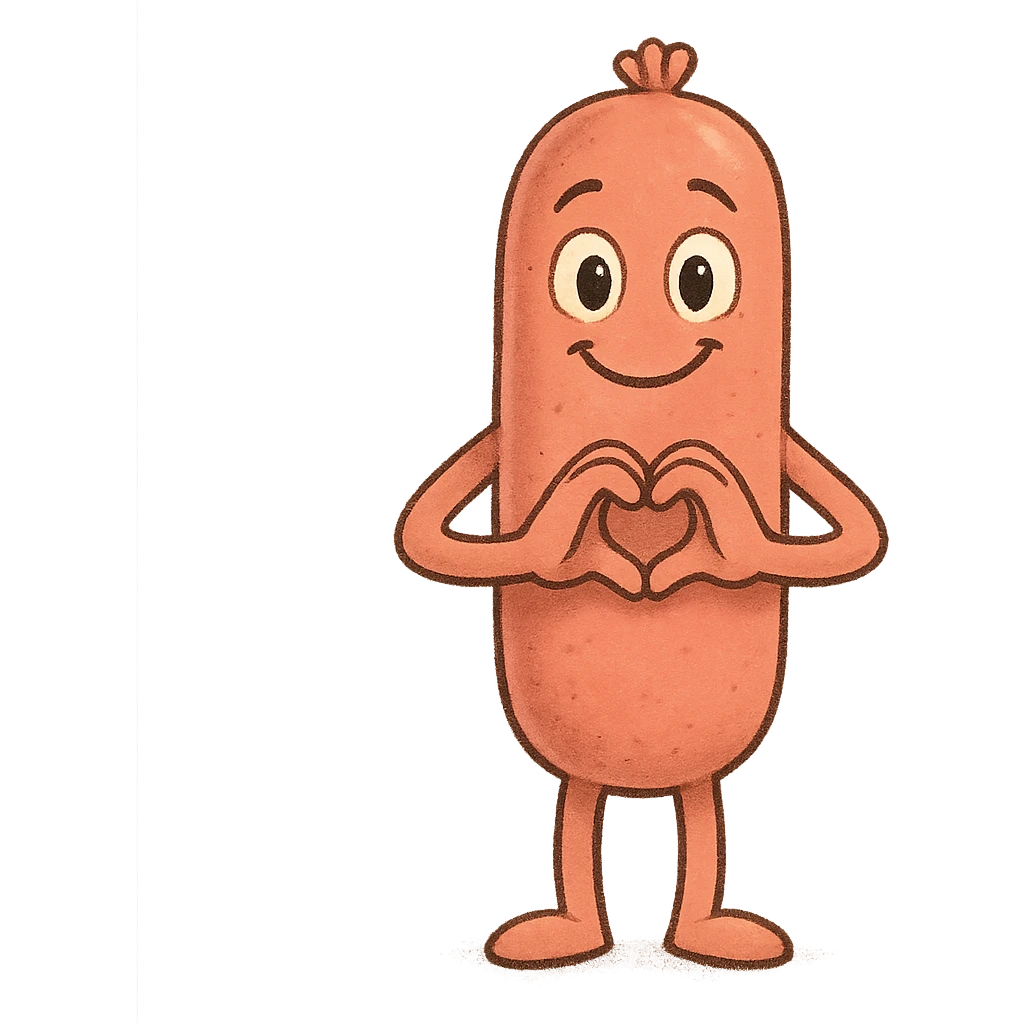a smiling sausage-shaped humanoid with a pinkish-orange body, simple arms and legs, big eyes, and a happy smile, forming a heart with its hands emoji