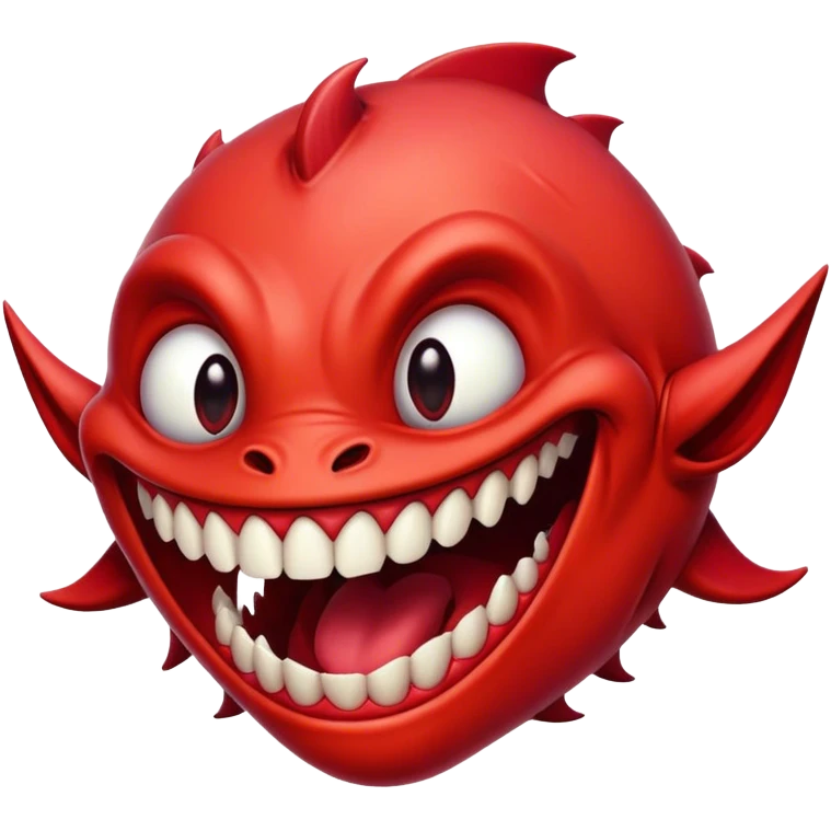 Creature comes out of the eye of a creature who has red skin and a wide smile with long teeth emoji