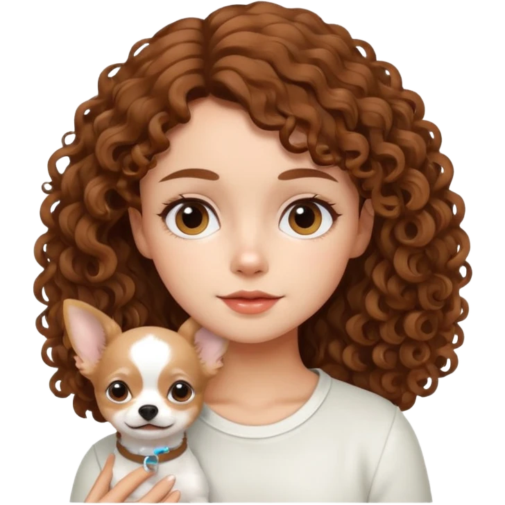 Niña con cabello rizado café y un chihuahua blanco emoji